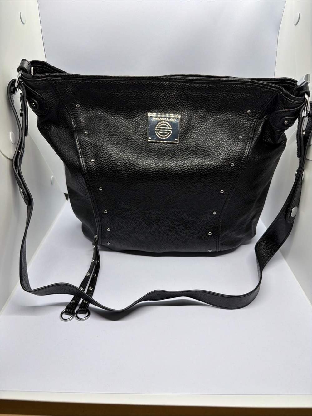 Unknown Brand Black Leather Shoulder Bag with Stud Detail